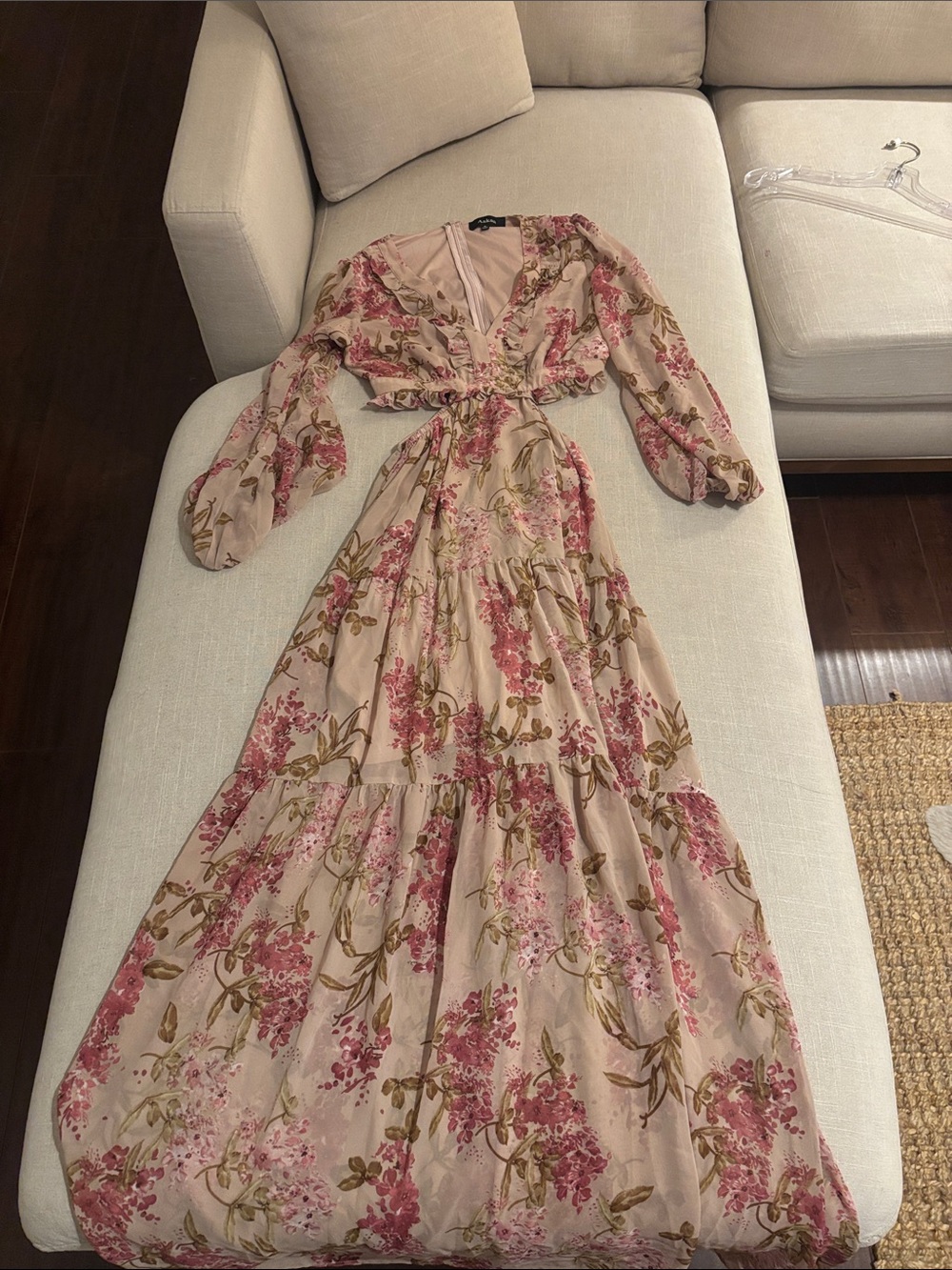 Aakaa Pink Floral Tiered Maxi Dress with Long Sleeves